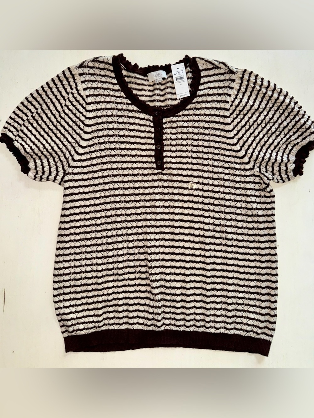 LOFT Brown & Cream Striped Knit Henley Top. NWT XL